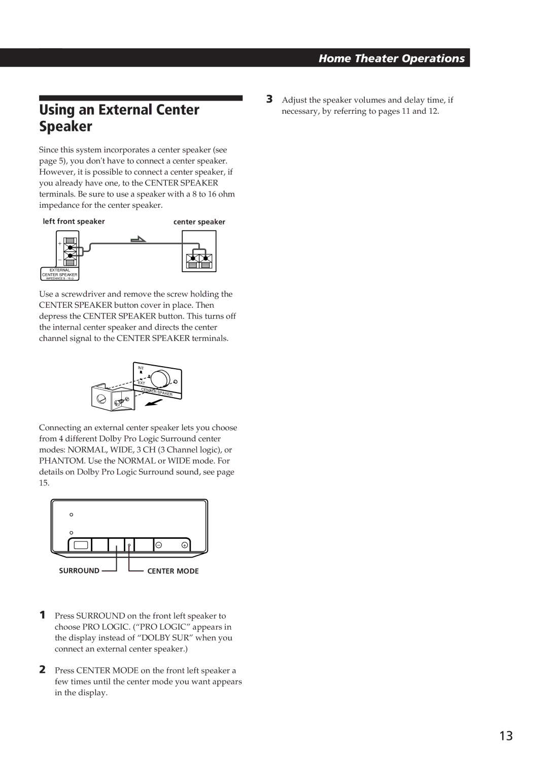 Sony SA-VA10 manual Using an External Center Speaker 