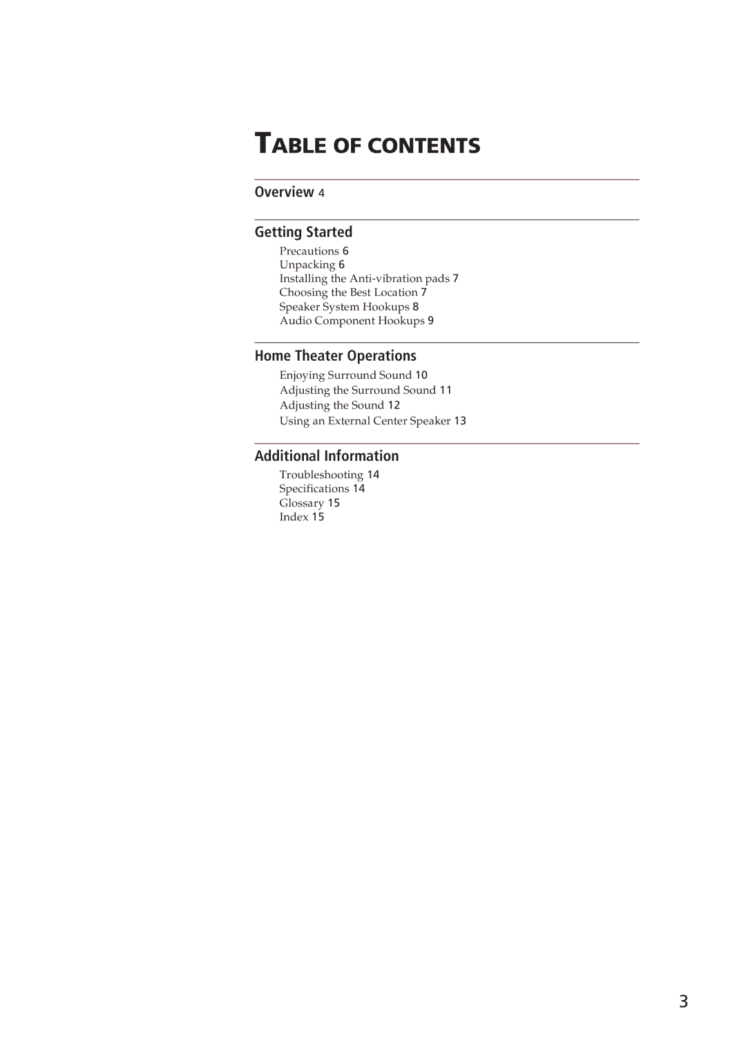 Sony SA-VA10 manual Table of Contents 