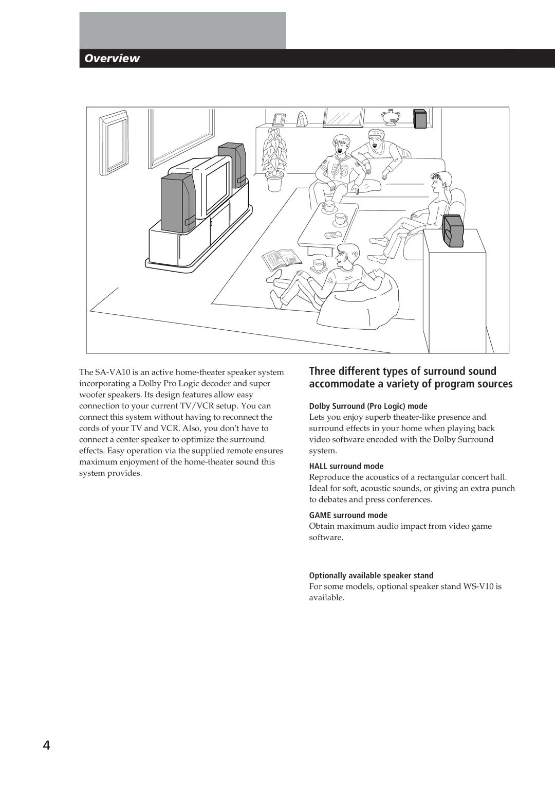 Sony SA-VA10 Dolby Surround Pro Logic mode, Hall surround mode, Game surround mode, Optionally available speaker stand 