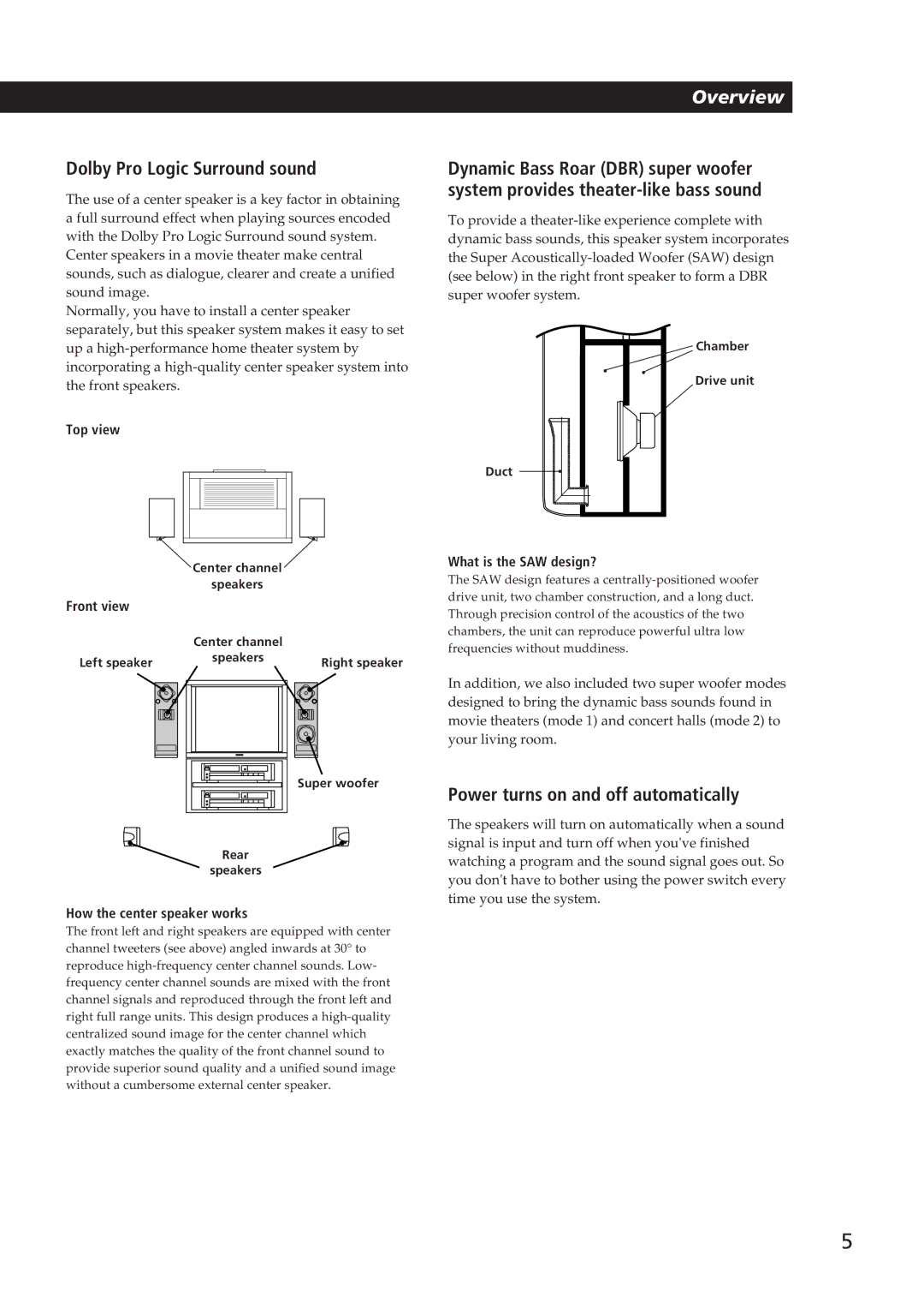 Sony SA-VA10 manual Dolby Pro Logic Surround sound, Power turns on and off automatically 