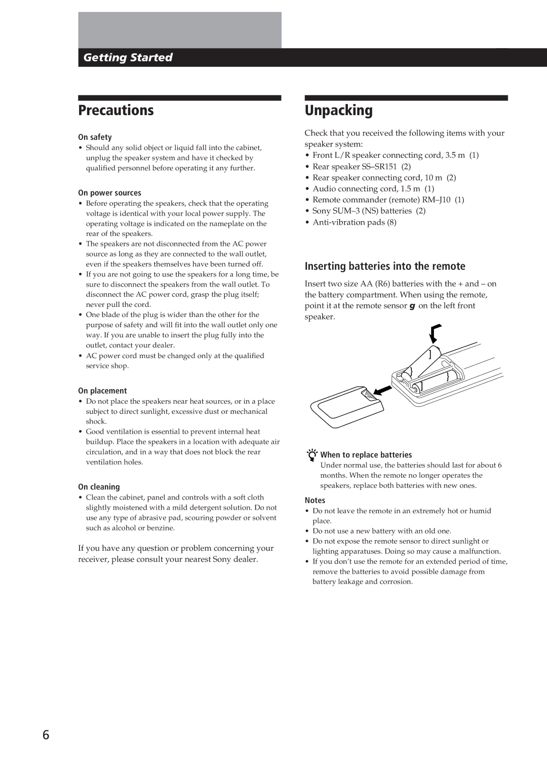 Sony SA-VA10 manual Precautions, Unpacking, Inserting batteries into the remote 