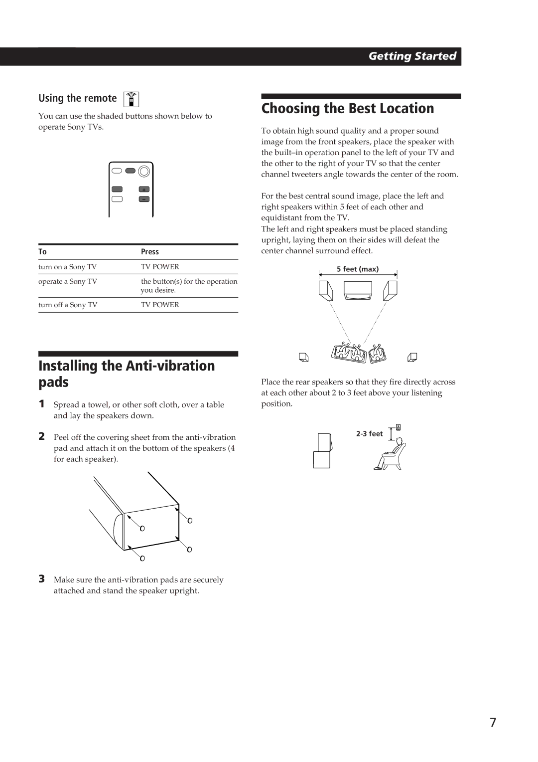 Sony SA-VA10 manual Installing the Anti-vibration pads, Choosing the Best Location, Using the remote, Press 