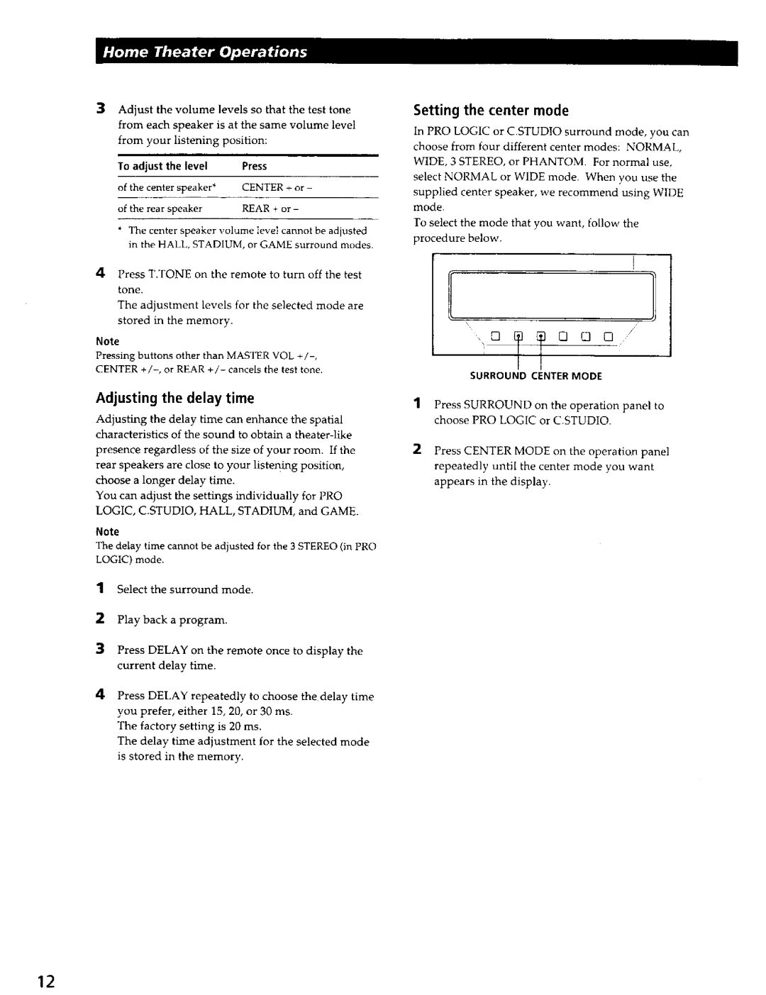 Sony SA-VA700 manual Adjusting the delay time, Setting the center mode, To adjust the level 