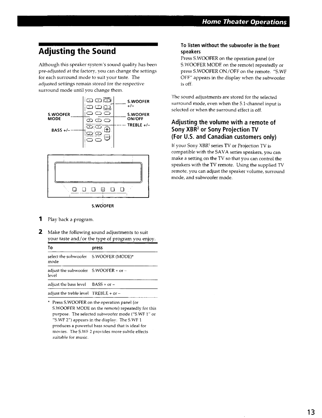 Sony SA-VA700 manual Adjusting the Sound, CD 9 C29, Topress, To listen without the subwoofer in the front Speakers 