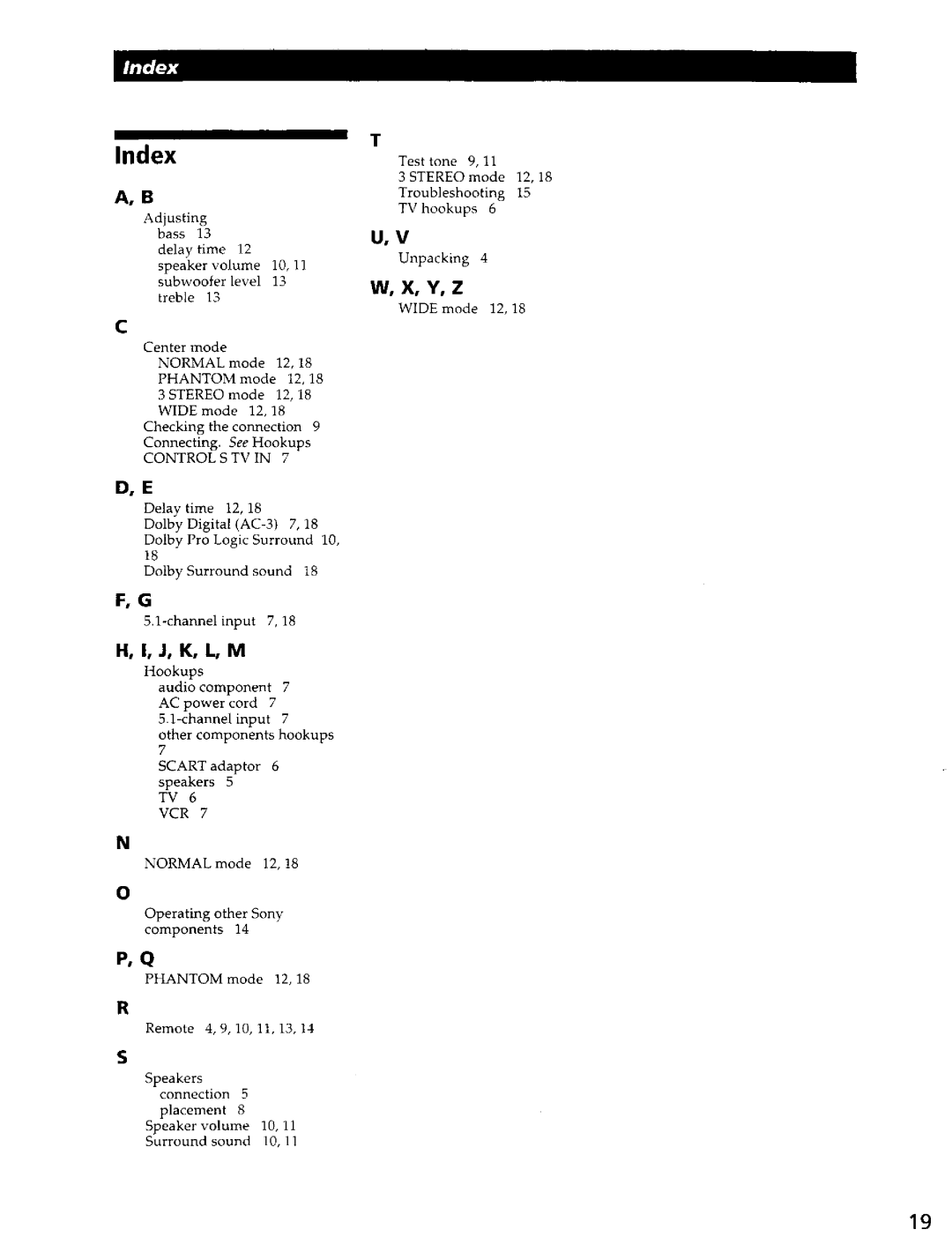 Sony SA-VA700 manual Index, H, I, J, K, L, M, W, X, Y, Z 