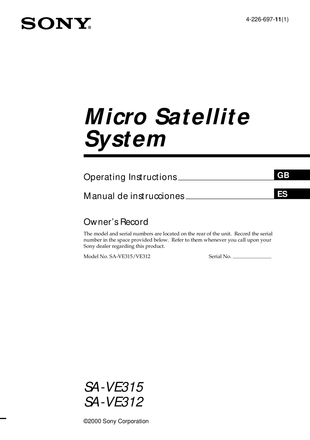 Sony SA-VE315, SA-VE312 manual Micro Satellite System 