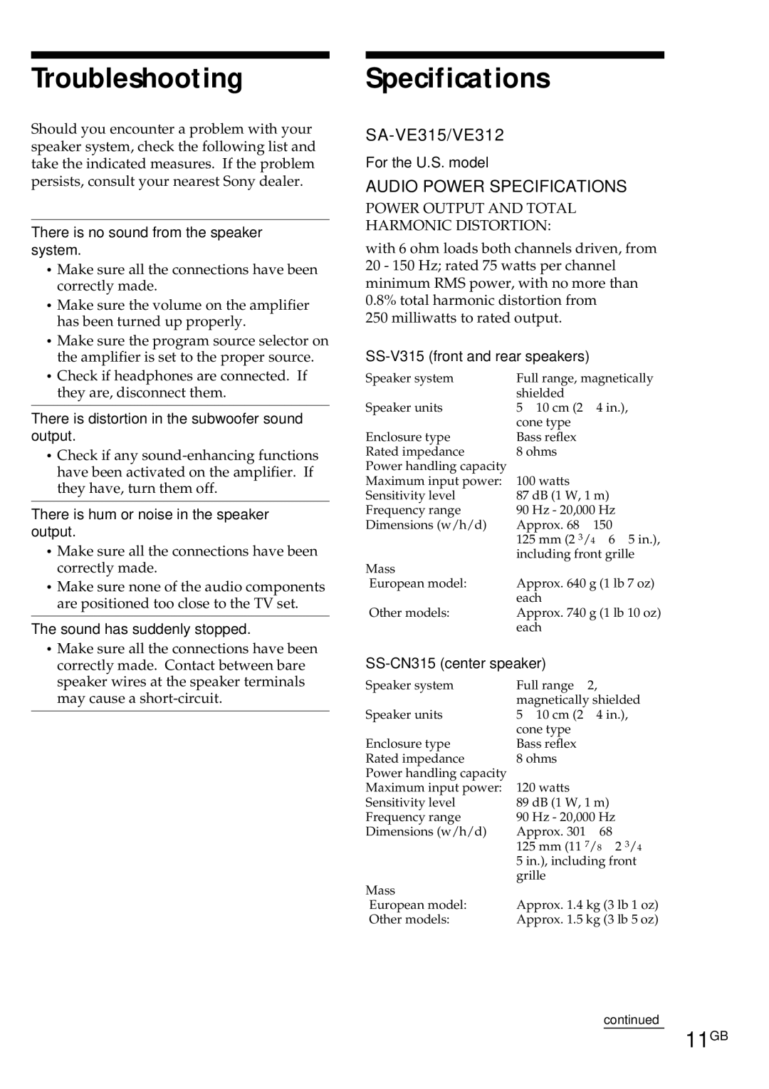 Sony SA-VE312 manual Troubleshooting, Specifications, 11GB, SA-VE315/VE312 