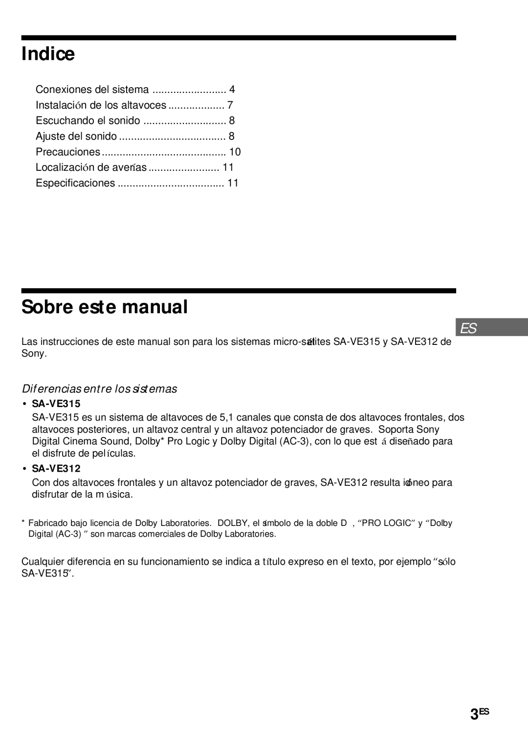 Sony SA-VE315, SA-VE312 Indice, Sobre este manual, Diferencias entre los sistemas 