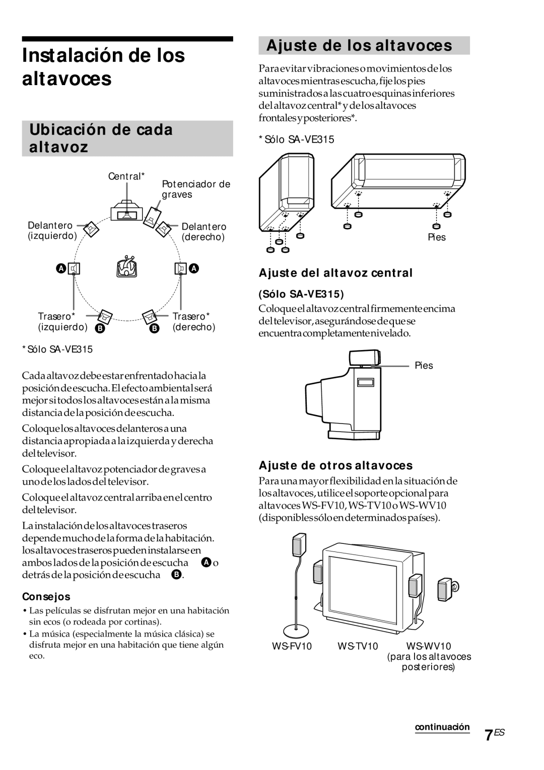 Sony SA-VE315 Instalación de los altavoces, Ubicación de cada Altavoz, Ajuste de los altavoces, Ajuste del altavoz central 