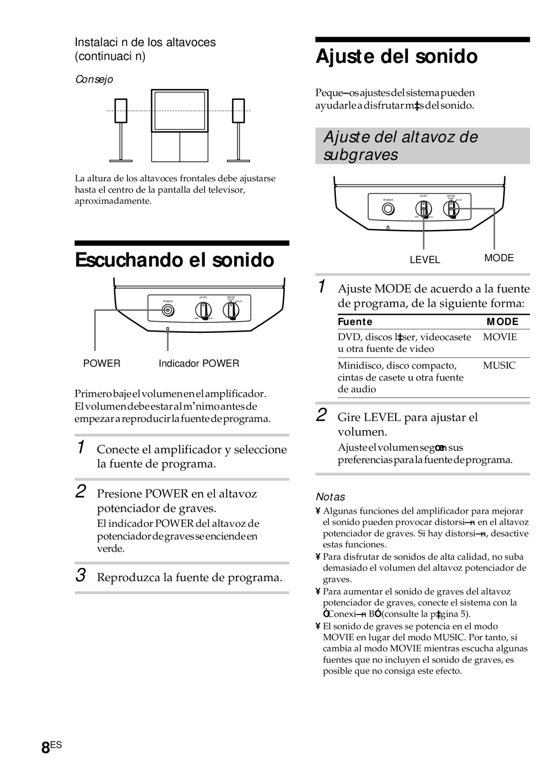 Sony SA-VE312, SA-VE315 manual Ajuste del sonido, Escuchando el sonido, Ajuste del altavoz de Subgraves 