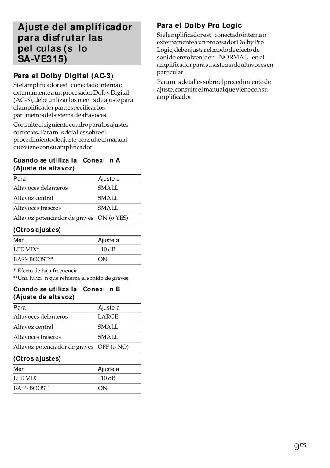 Sony SA-VE315 manual Para el Dolby Digital AC-3, Para el Dolby Pro Logic, Cuando se utiliza la Conexión a Ajuste de altavoz 