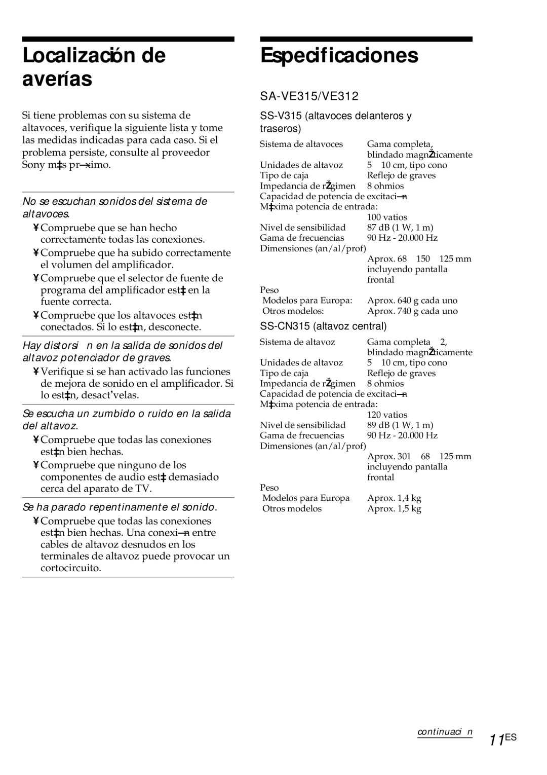 Sony SA-VE315, SA-VE312 manual Localización de averías, Especificaciones, 11ES 