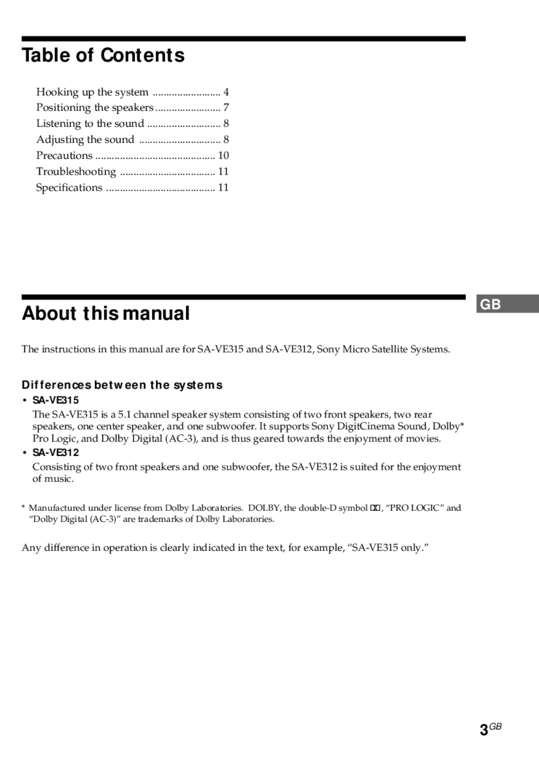 Sony SA-VE315, SA-VE312 Table of Contents, About this manual 