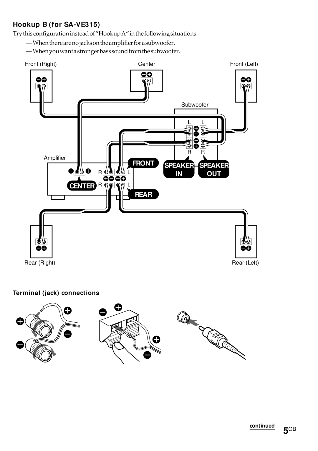 Sony SA-VE312 manual Hookup B for SA-VE315, Terminal jack connections 