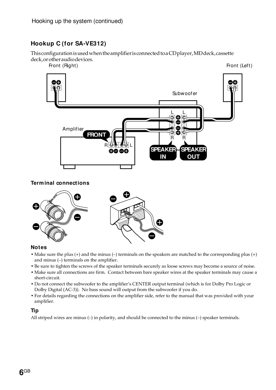 Sony SA-VE315 manual Hooking up the system, Hookup C for SA-VE312, Terminal connections, Tip 