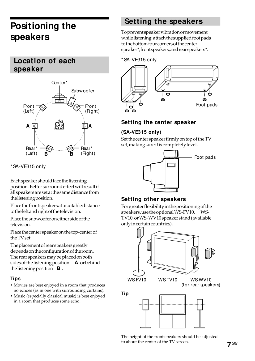 Sony SA-VE315 manual Positioning the speakers, Location of each Speaker, Setting the speakers, Setting the center speaker 