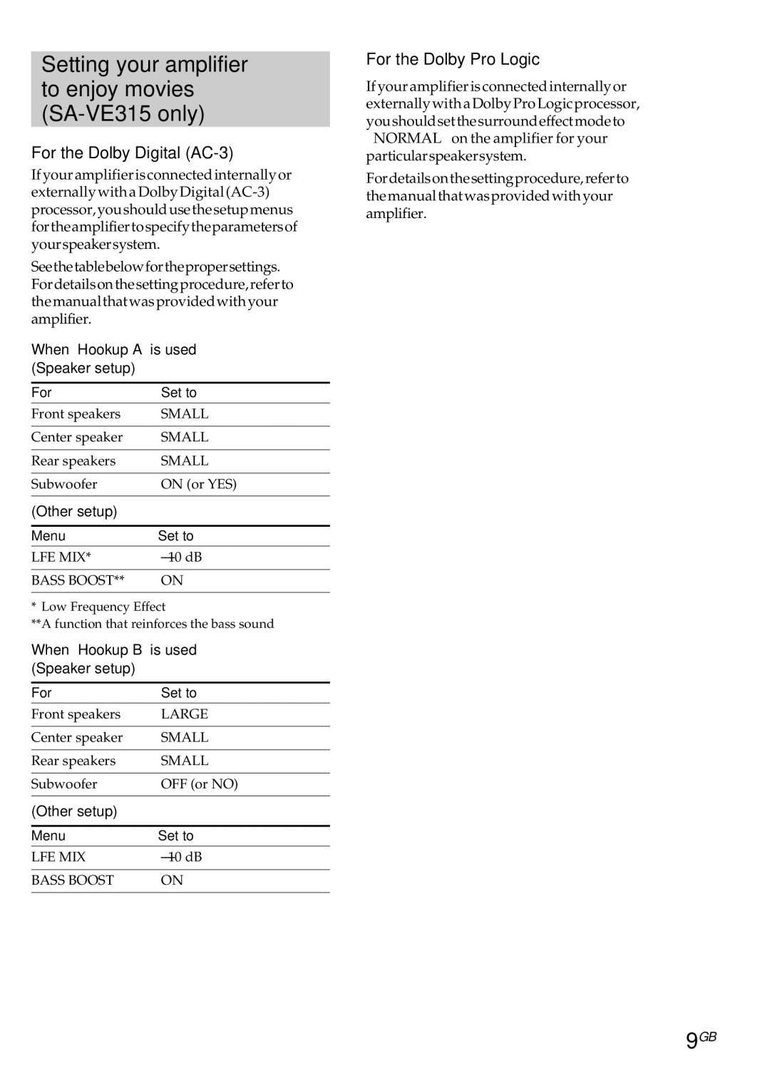 Sony manual Setting your amplifier to enjoy movies SA-VE315 only, For the Dolby Digital AC-3, For the Dolby Pro Logic 