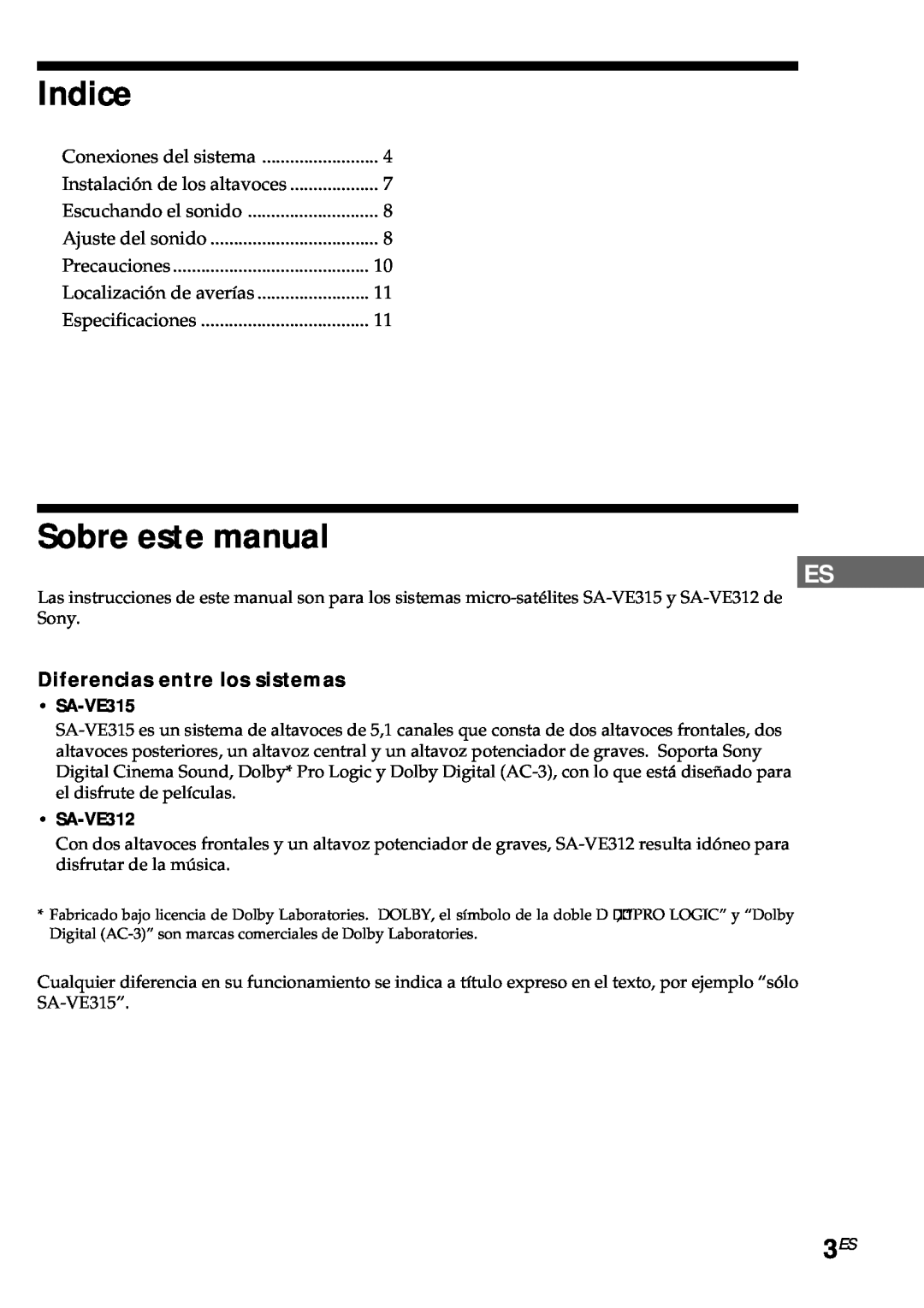 Sony SA-VE315 Indice, Sobre este manual, Diferencias entre los sistemas, SA-VE312 