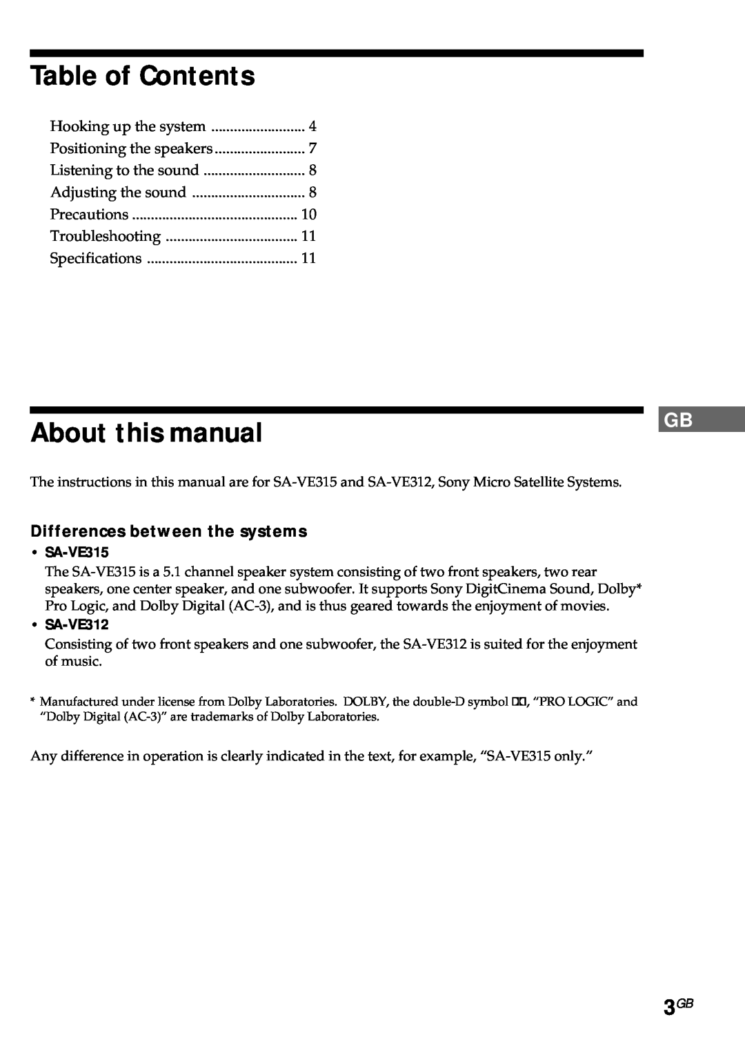 Sony SA-VE315 Table of Contents, About this manual, Differences between the systems, SA-VE312 