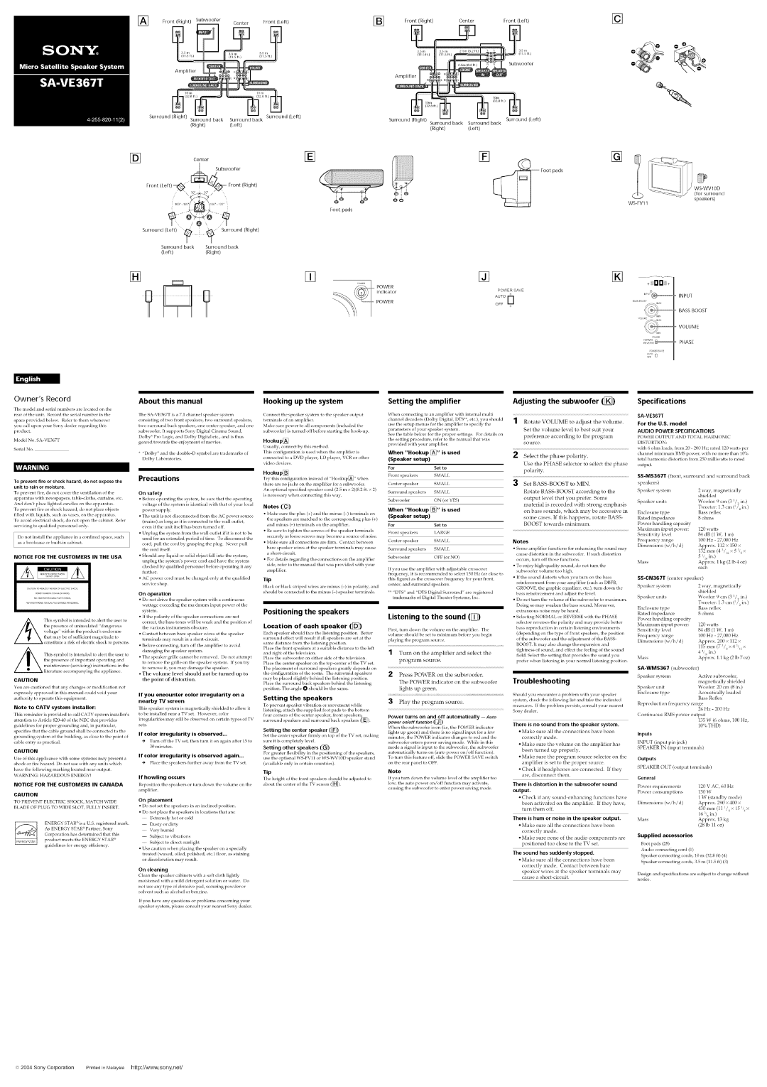 Sony SA-VE367T specifications Location of each speaker, Setting the speakers 