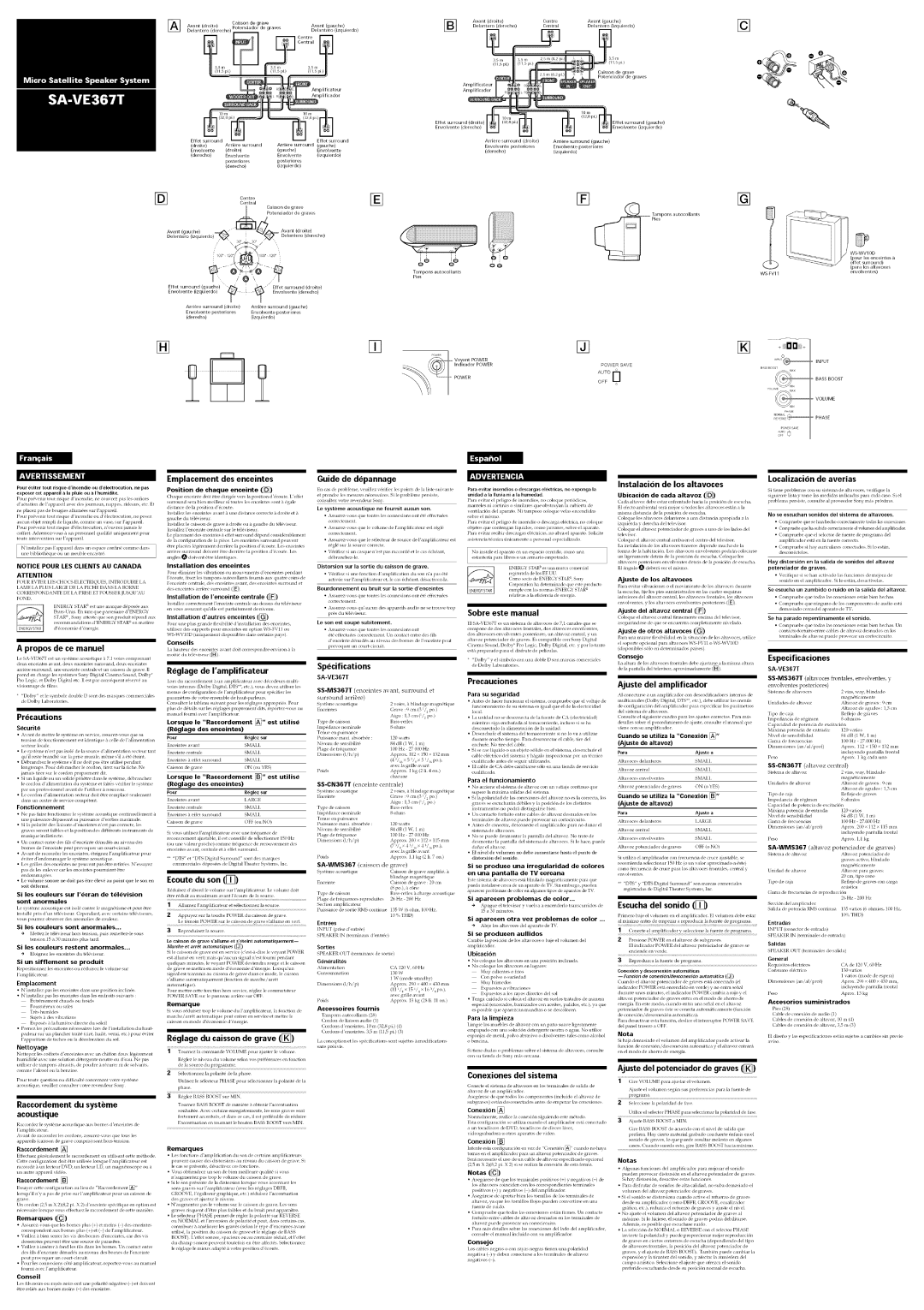 Sony SA-VE367T Propos de ce manuel, Precautions, Raccordement du systeme acoustique, Emplacement des enceintes 