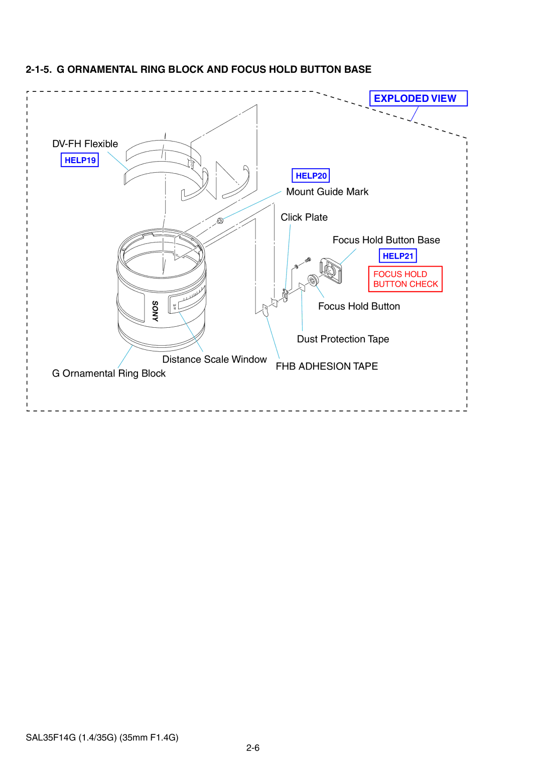 Sony SAL35F14G service manual Ornamental Ring Block and Focus Hold Button Base 
