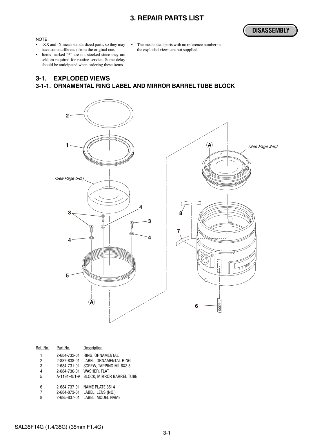 Sony SAL35F14G service manual Repair Parts List, Exploded Views 