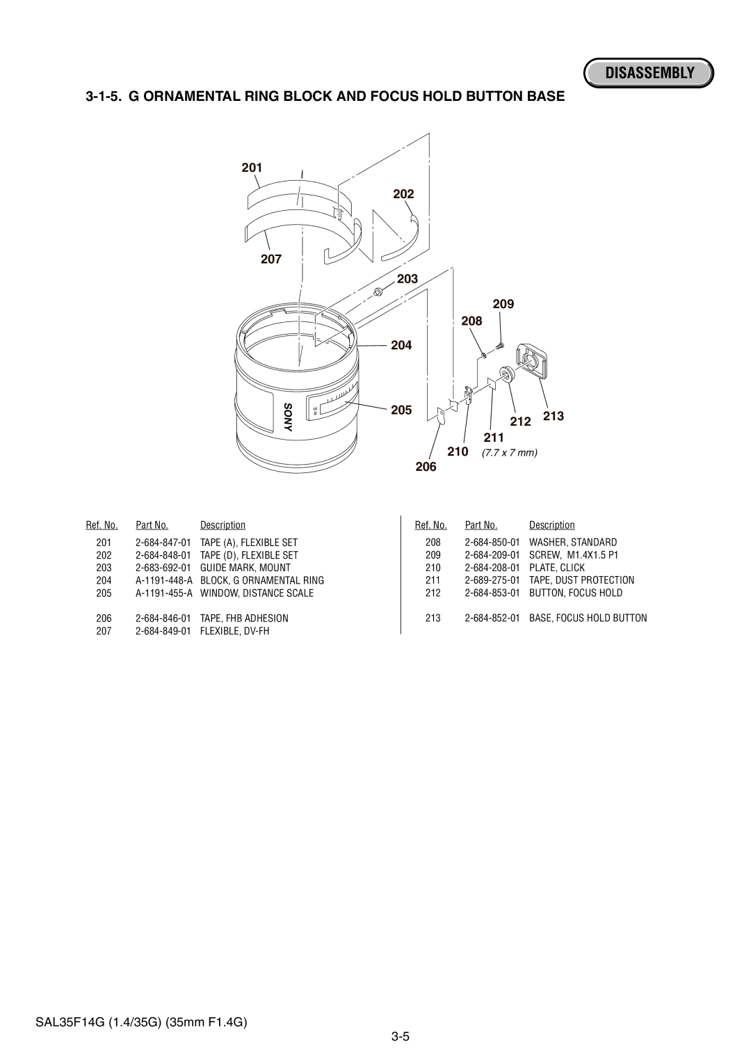 Sony SAL35F14G service manual 202 203 209 208 204 205 212 213 211 