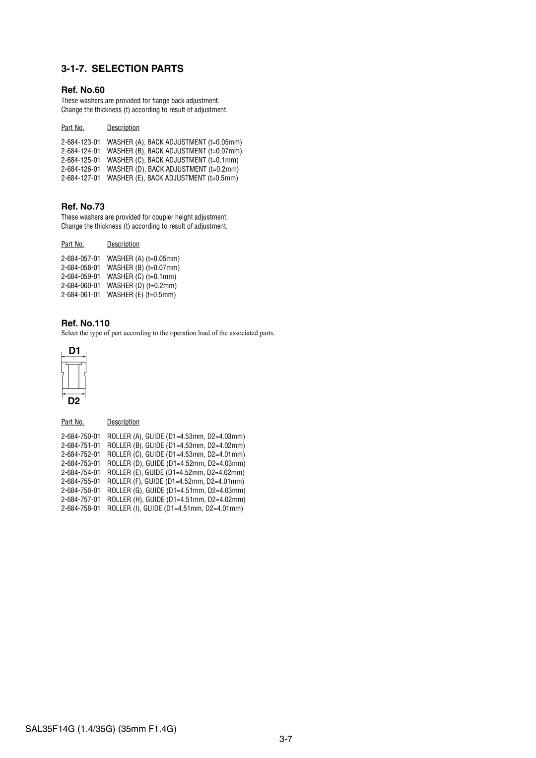 Sony SAL35F14G service manual Ref. No.60, Ref. No.73, Ref. No.110 