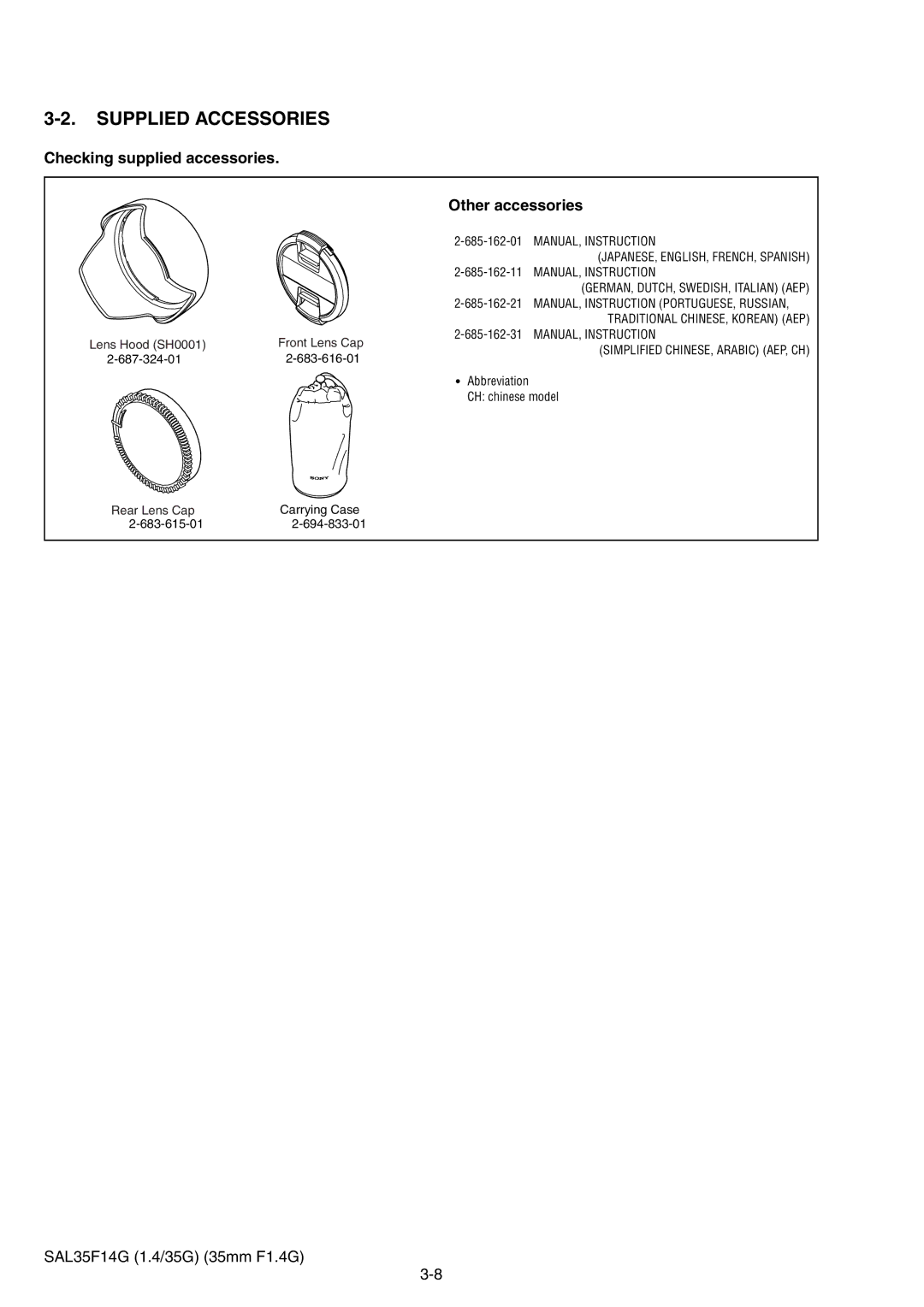 Sony SAL35F14G service manual Supplied Accessories, Checking supplied accessories Other accessories 