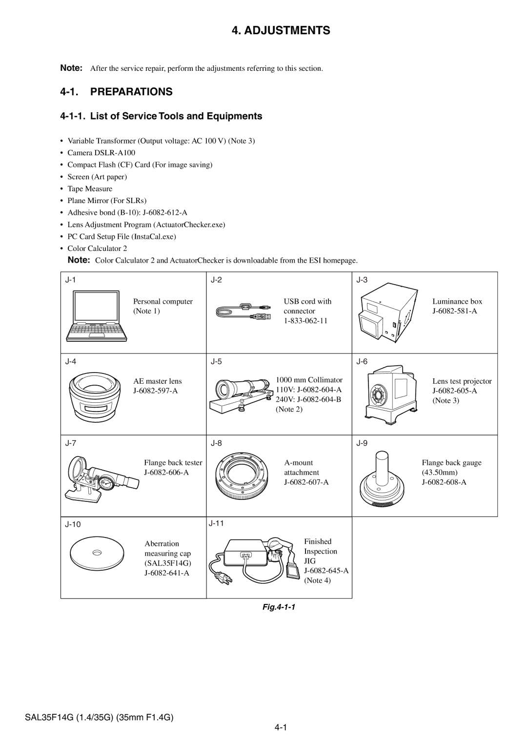 Sony SAL35F14G service manual Preparations, List of Service Tools and Equipments 