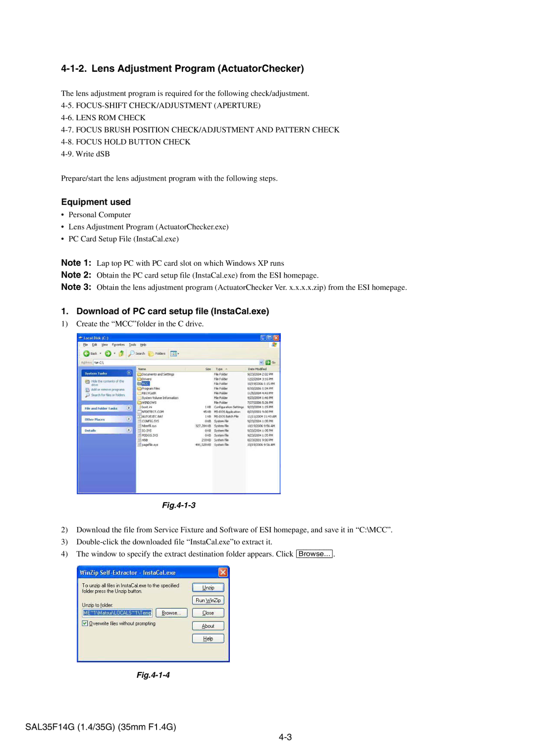 Sony SAL35F14G Lens Adjustment Program ActuatorChecker, Equipment used, Download of PC card setup file InstaCal.exe 