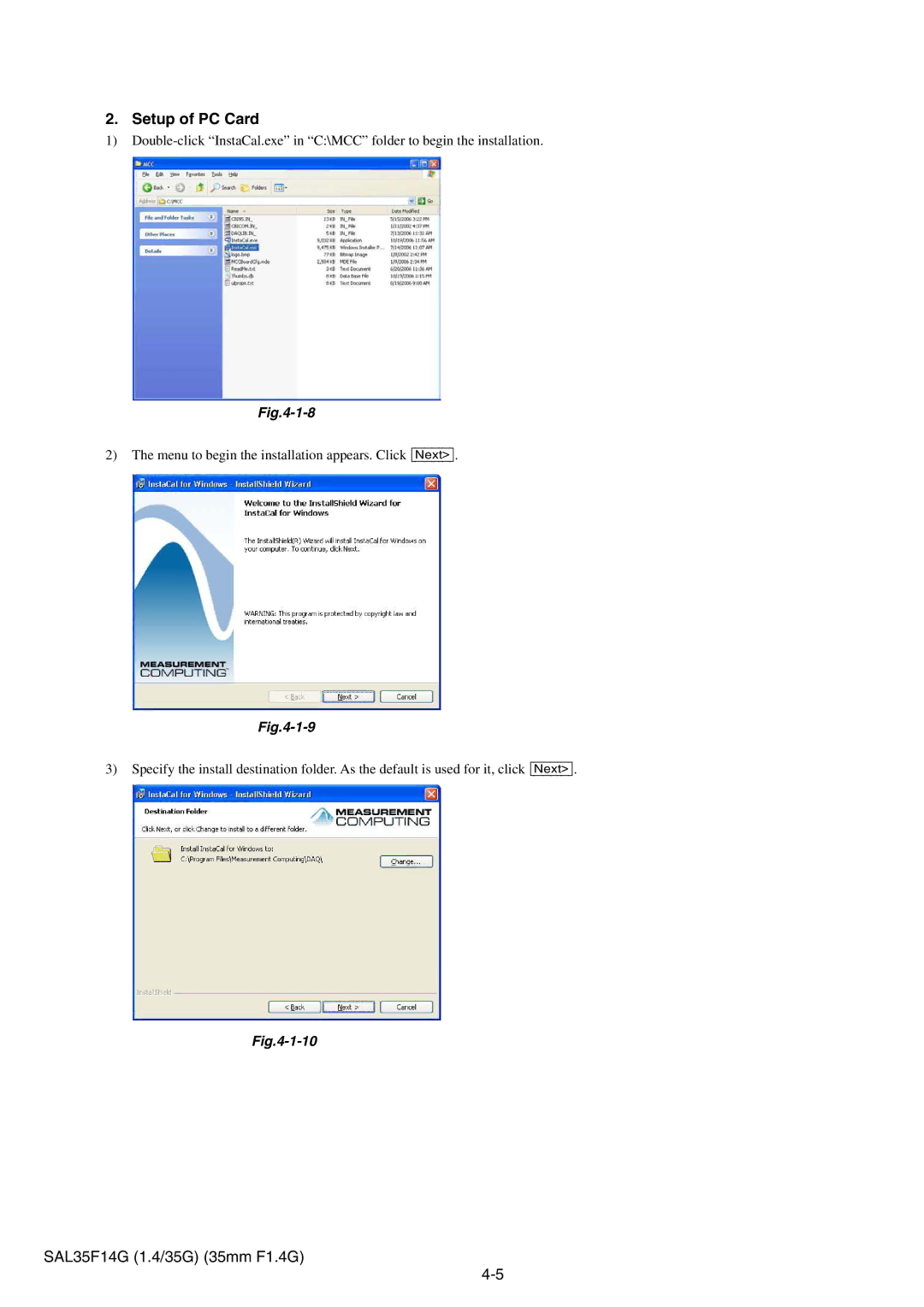 Sony SAL35F14G service manual Setup of PC Card 