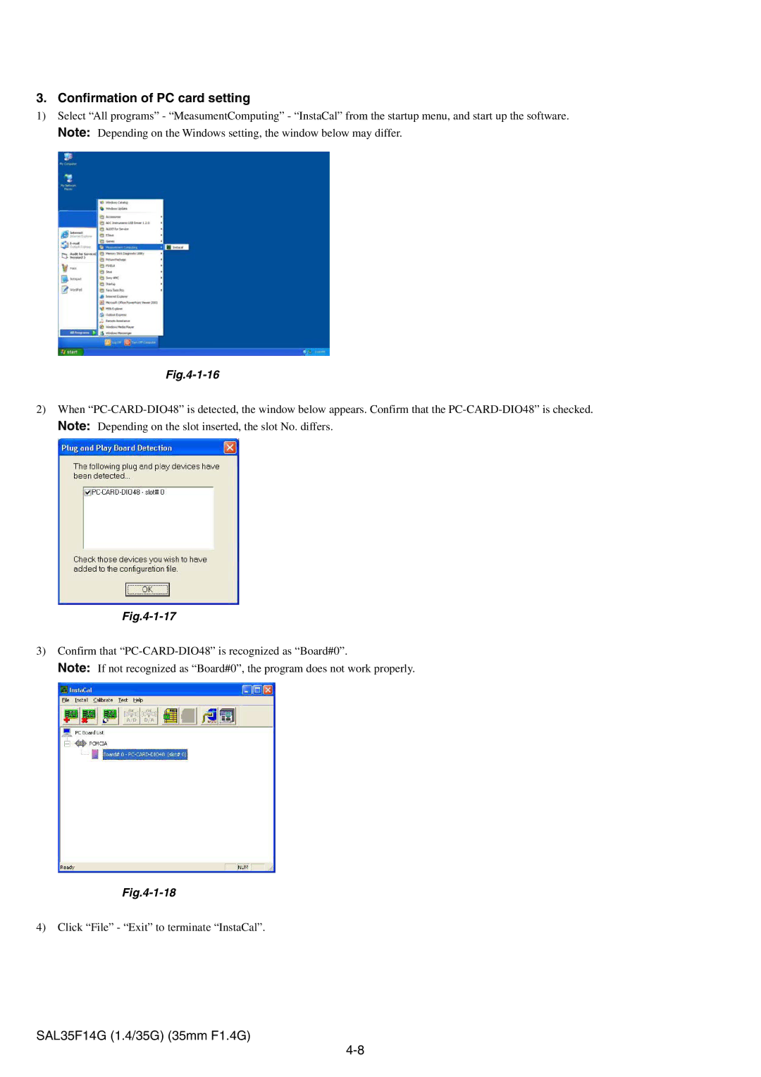 Sony SAL35F14G service manual Confirmation of PC card setting 