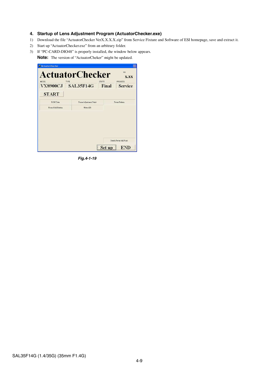 Sony SAL35F14G service manual Startup of Lens Adjustment Program ActuatorChecker.exe 