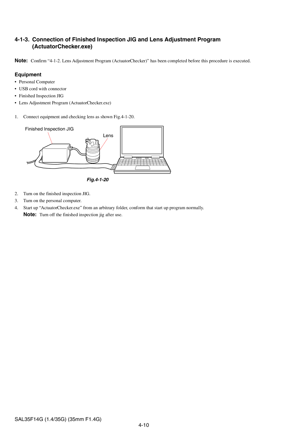 Sony SAL35F14G service manual Equipment, Finished Inspection JIG Lens 