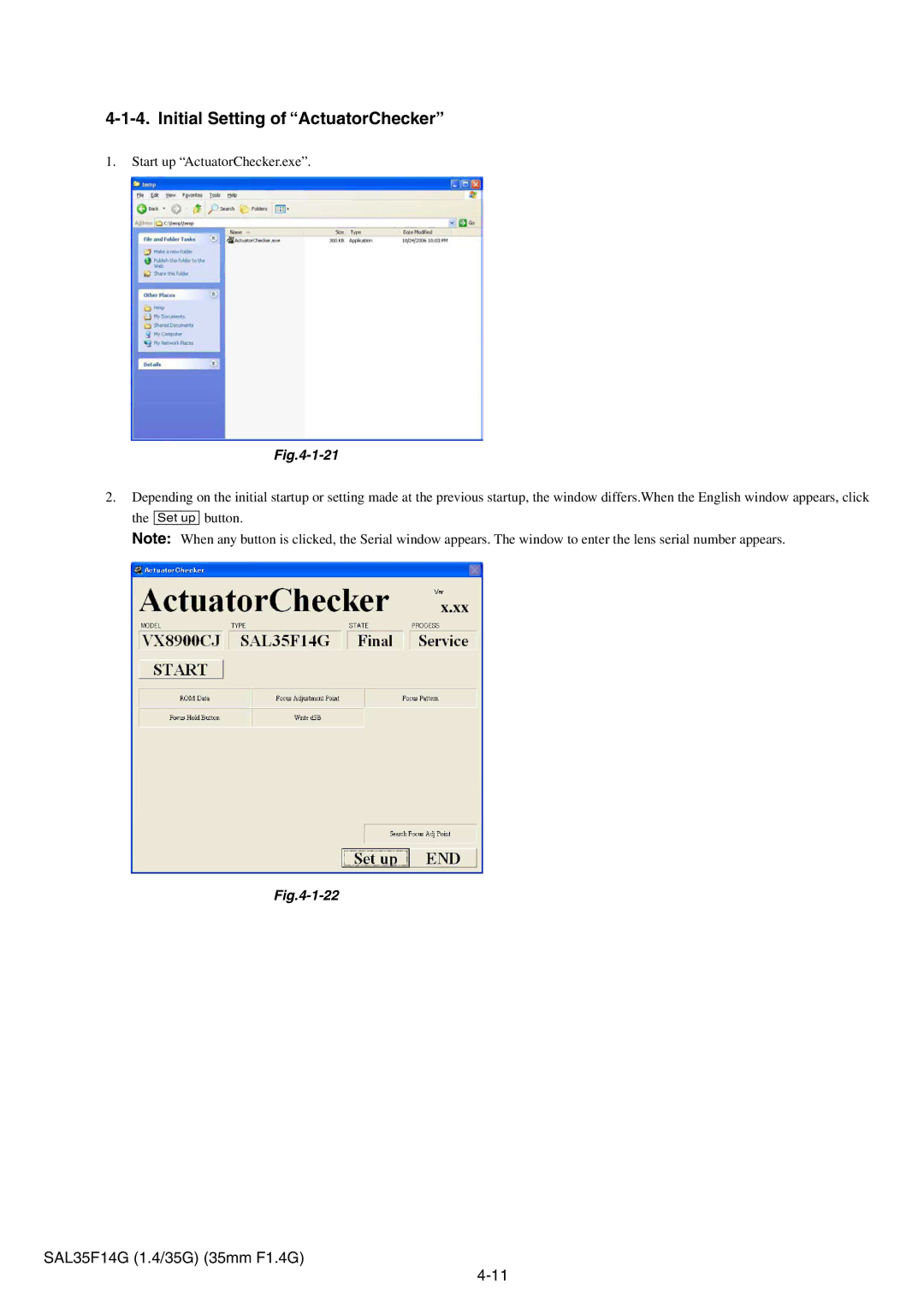 Sony SAL35F14G service manual Initial Setting of ActuatorChecker 