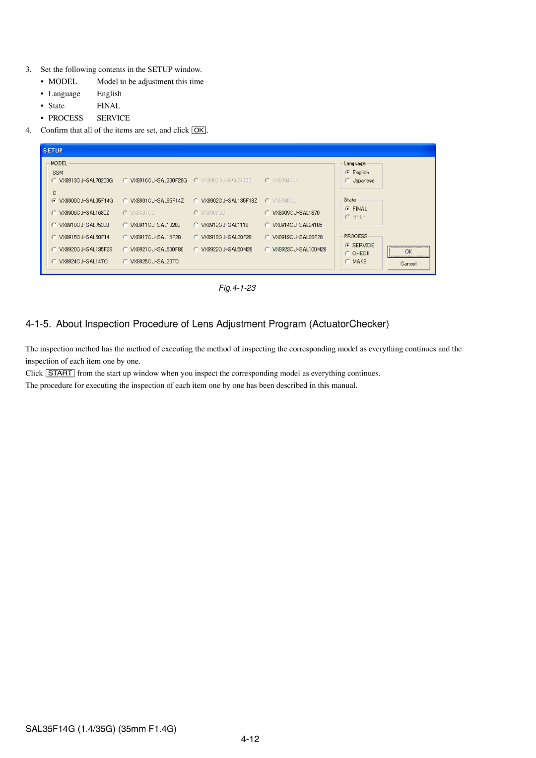 Sony SAL35F14G service manual Model 