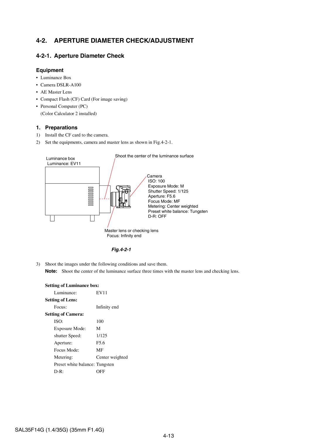 Sony SAL35F14G service manual Aperture Diameter CHECK/ADJUSTMENT, Aperture Diameter Check, Preparations 