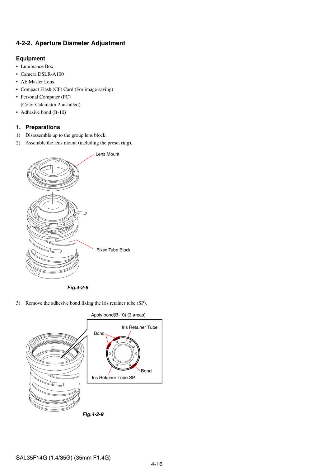 Sony SAL35F14G service manual Aperture Diameter Adjustment, Equipment 