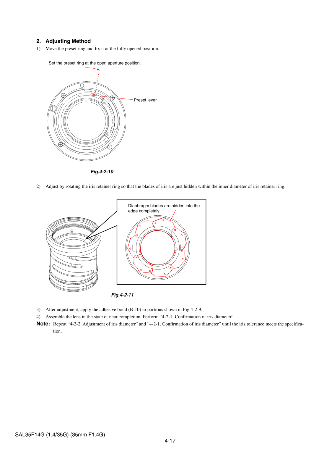 Sony SAL35F14G service manual Adjusting Method 