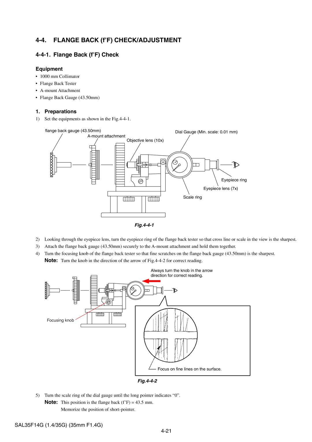 Sony SAL35F14G service manual Flange Back f’F CHECK/ADJUSTMENT, Flange Back f’F Check 