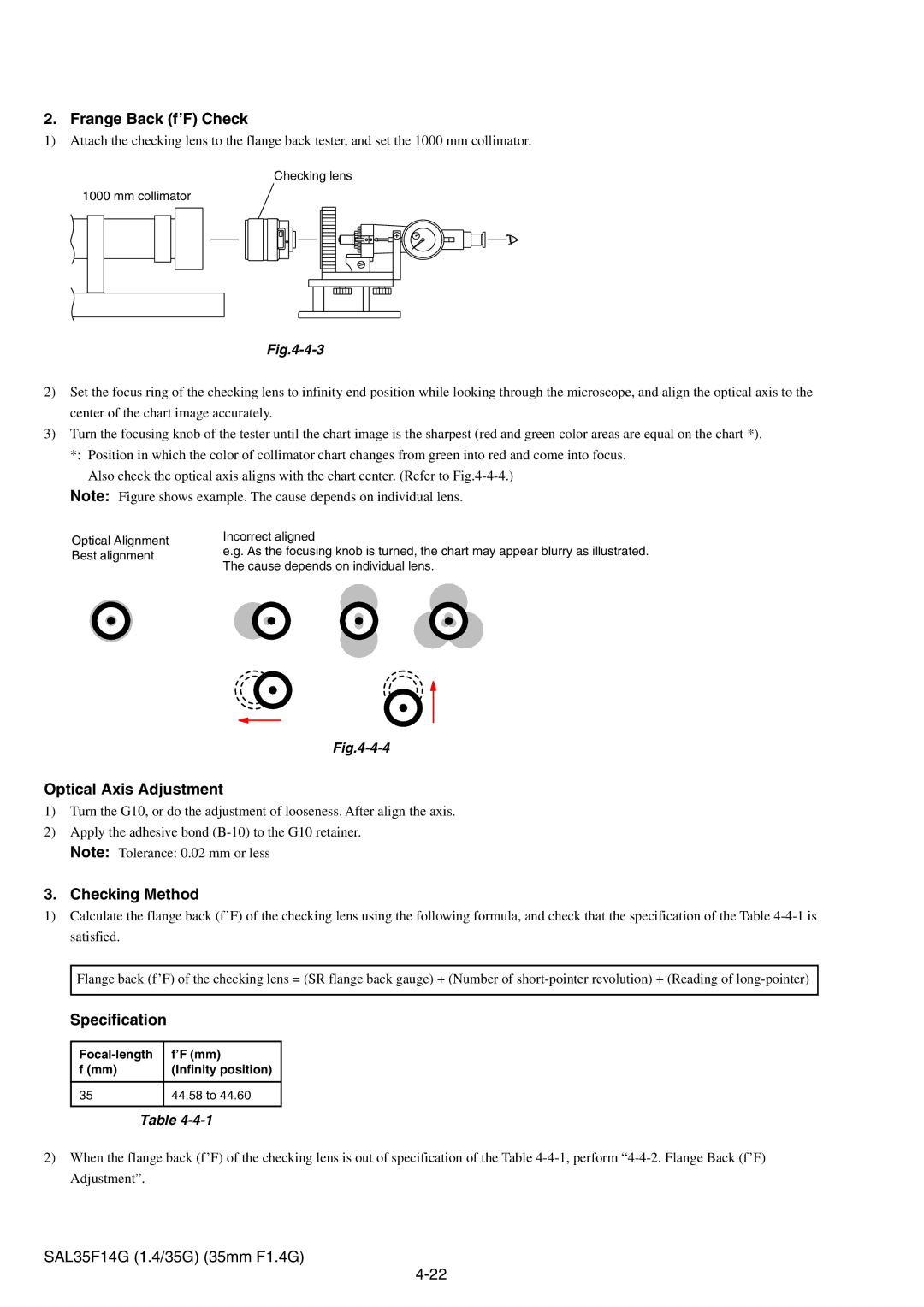 Sony SAL35F14G service manual Frange Back f’F Check, Optical Axis Adjustment 