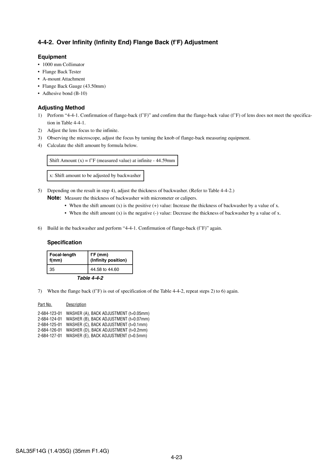 Sony SAL35F14G service manual Over Infinity Infinity End Flange Back f’F Adjustment, Adjusting Method 