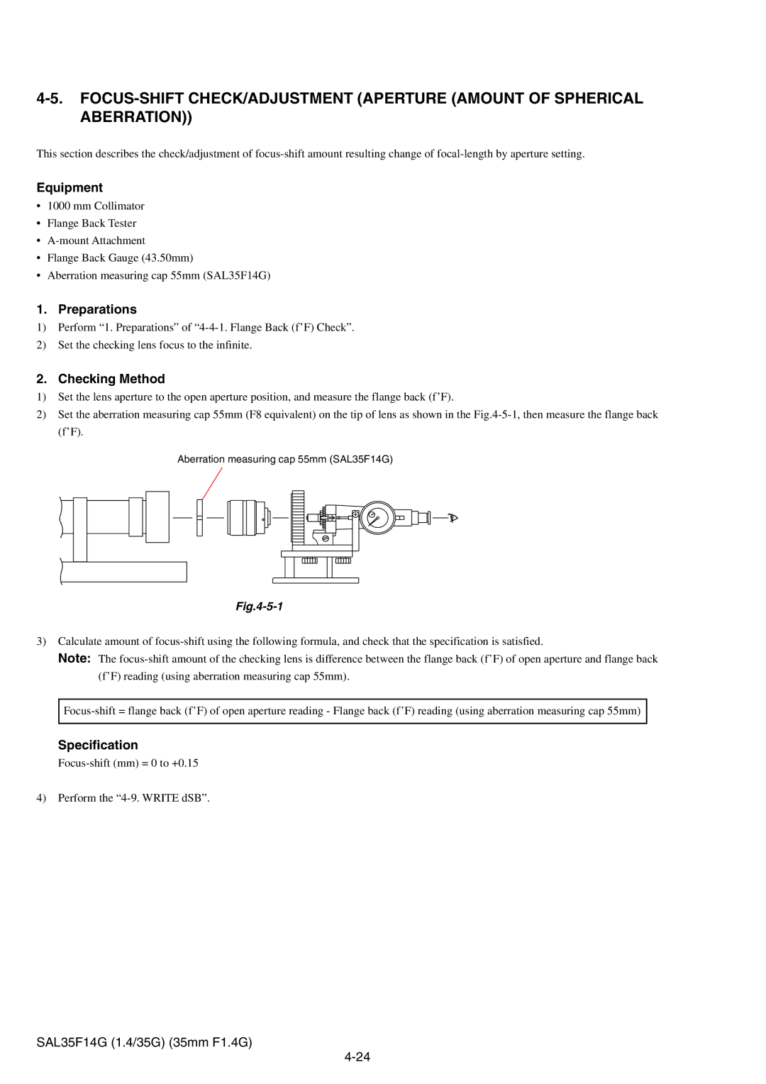 Sony SAL35F14G service manual Focus-shift mm = 0 to +0.15 Perform the 4-9. Write dSB 