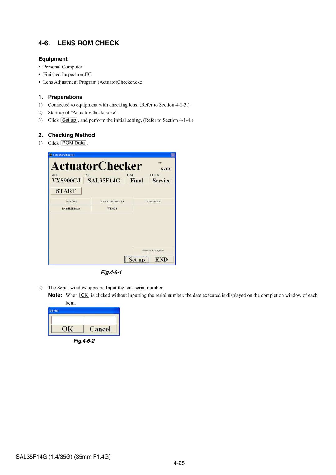 Sony SAL35F14G service manual Lens ROM Check, Click ROM Data 