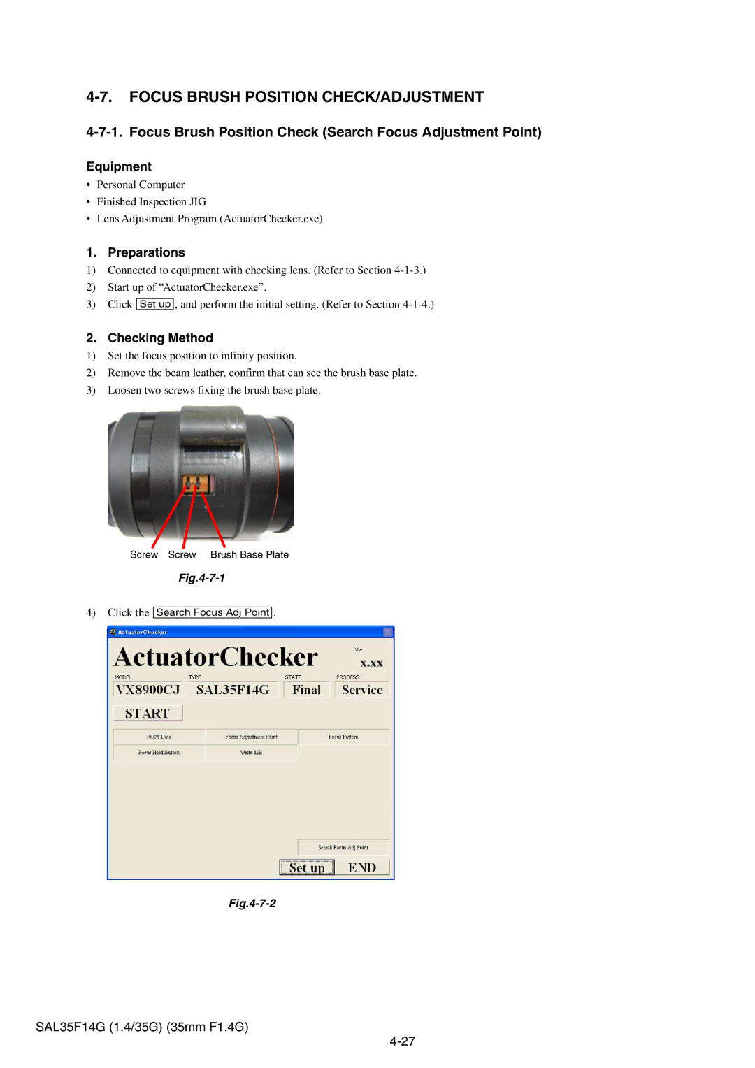 Sony SAL35F14G Focus Brush Position CHECK/ADJUSTMENT, Focus Brush Position Check Search Focus Adjustment Point 