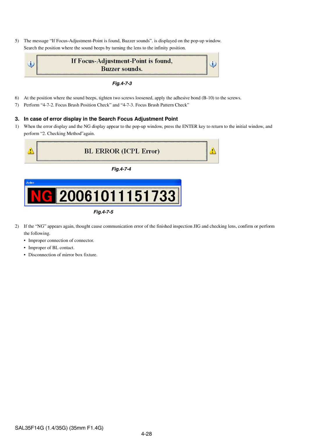 Sony SAL35F14G service manual Case of error display in the Search Focus Adjustment Point 