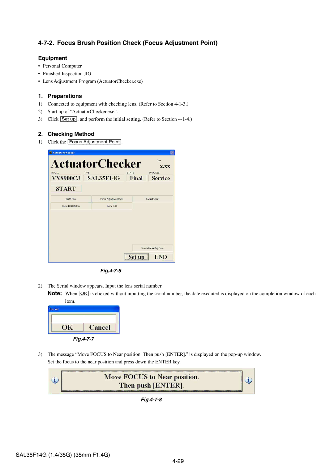 Sony SAL35F14G service manual Focus Brush Position Check Focus Adjustment Point, Click the Focus Adjustment Point 