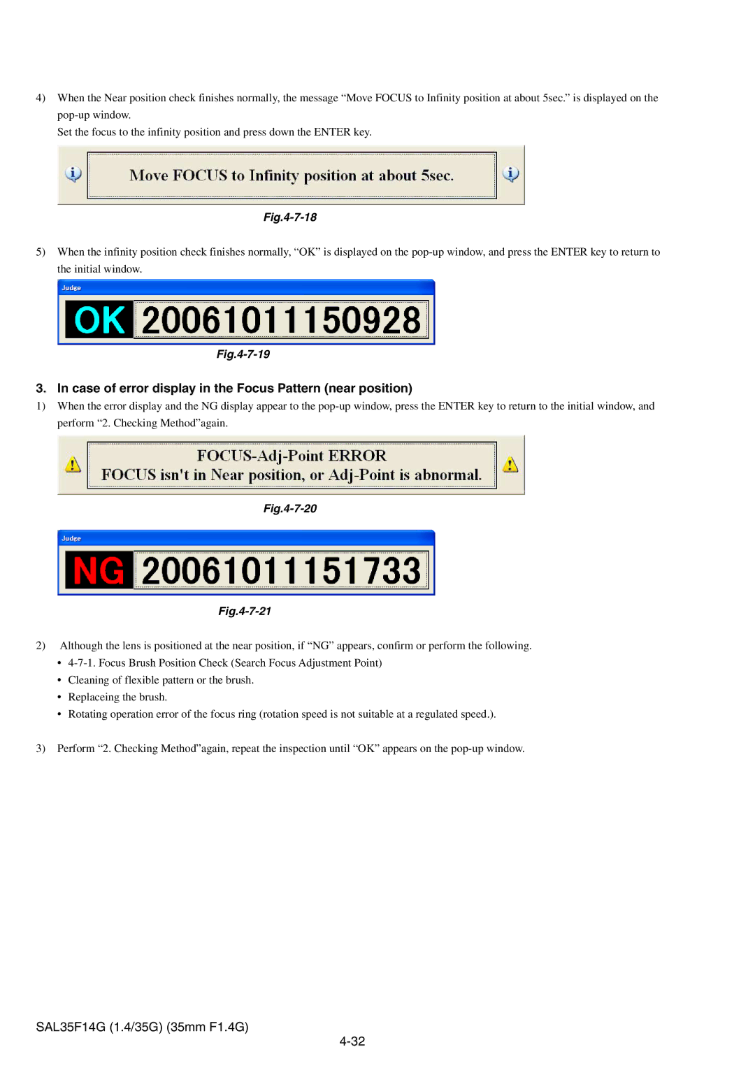 Sony SAL35F14G service manual Case of error display in the Focus Pattern near position 